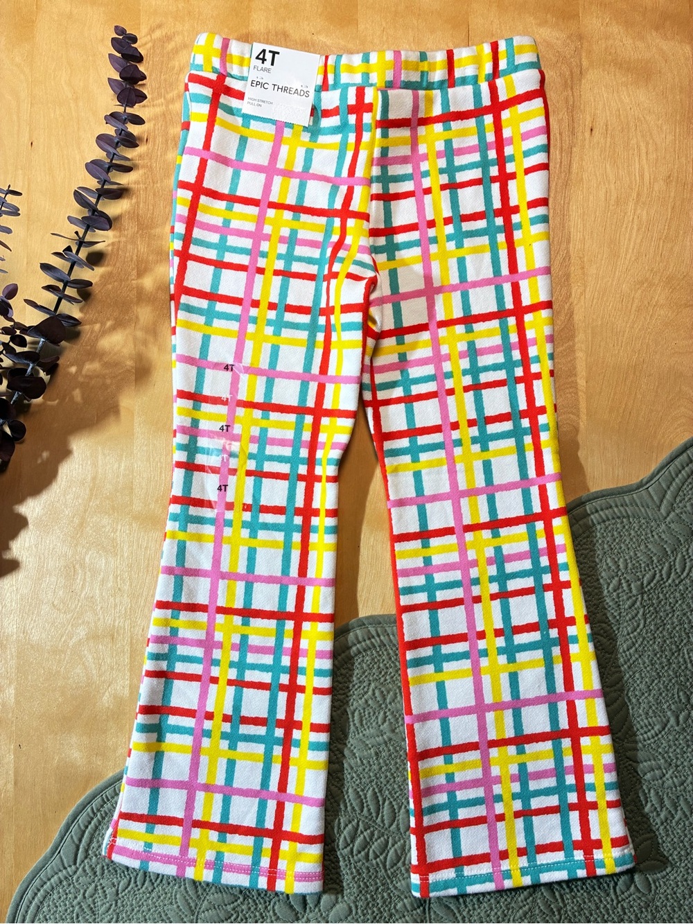 Epic Threads White Plaid Pants with Red, Yellow, Teal & Pink Stripes